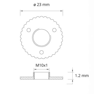 Disco dentado Alt.0,1xD.2,3cm 3 furos M10x1, em ferro zincado (017Z)