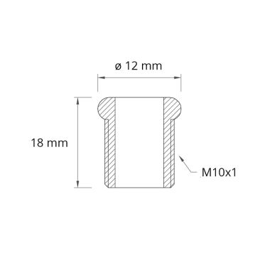 Tubo roscado M10x1 com topo de D.1,2cm cumpr. 1,8cm, furo D. int. 7mm , em latão bruto (R7)