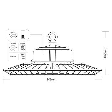 Campana LED MEGAVISION 150W/120W/90W, 150lm/W, 6500K, 90°, IP65, Al.11xD.36cm Negro
