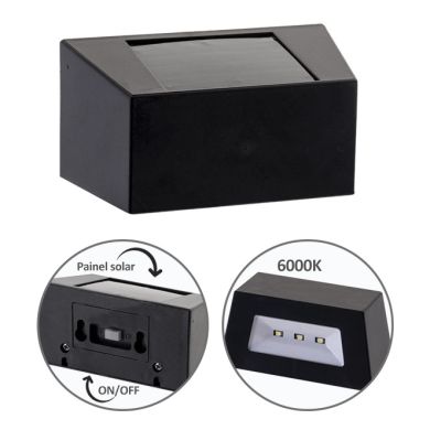 Aplique solar QUARTINO IPX4 1x0,21W LED 5lm 6000K C.10,2xL.5xAlt.5,1cm preto