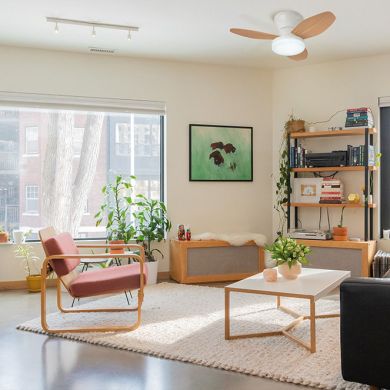 Ventilador DC TAURO MINI blanco/haya, 3 aspas, 48W LED 3000|4000|6000K, Al.18xD.70cm