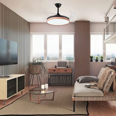 Ventoinha de tecto COSMOS MINI preto/faia, 4 palas retráteis, 48W LED 3000|4000|6000K A.35xD.91/40cm