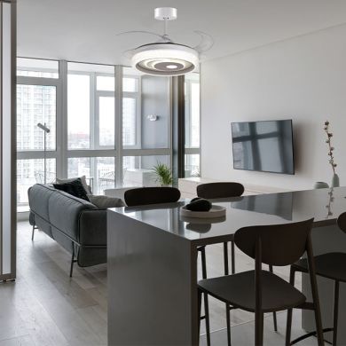 Ventilador DC TRIO blanco, 4 aspas retráctiles, 72W LED 3000|4000|6000K, Al.35xD.108/50cm