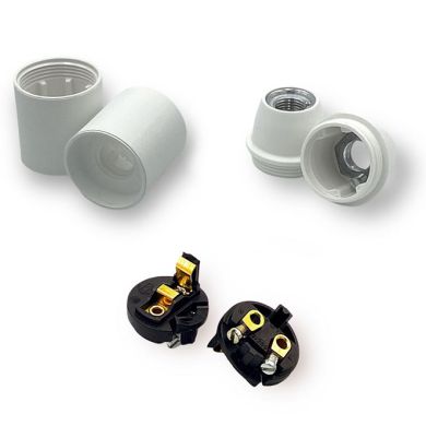 E12 lampholder disassembled into 3-pieces: locking device, plain outer shell, dome w/metal nipple