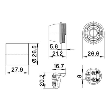 E12 lampholder disassembled into 3-pieces: locking device, plain outer shell, dome w/metal nipple