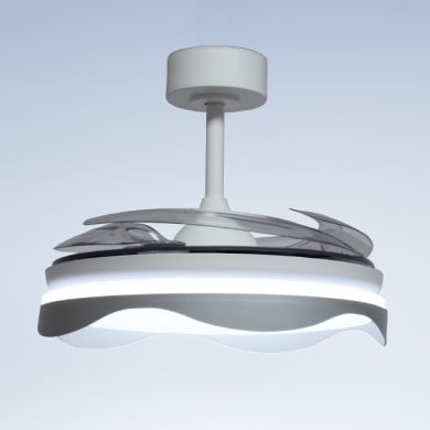 Ventoinha de tecto OLAS branca/prata, 4 palas retráteis, 72W LED 3000|4000|6000K, Alt.35xD.108/50cm