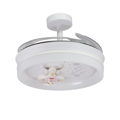 Ventoinha de tecto INFANTIL NAVE branca,4 palas retráteis, 96W LED 3000|4000|6000K, Alt.35/45xD.91/1