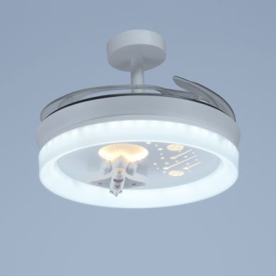 Ventoinha de tecto INFANTIL NAVE branca,4 palas retráteis, 96W LED 3000|4000|6000K, Alt.35/45xD.91/1