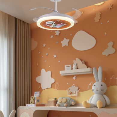 Ventoinha de tecto INFANTIL DELFIN branca,4 palas retráteis, 96W LED 3000|4000|6000K, Alt.35/45xD.91