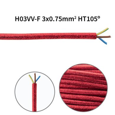 Flexible round fabric covered electrical cable H03VV-F 3x0,75 D.6.4mm lamé red TO462