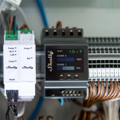 Shelly Pro Dual Cover PM — Controlador 2 canais p/calha DIN, 2 Motores/Estores c/Medição de Consumo
