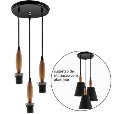 Pendant Light PETRA without glass 3xE27 H.Reg.xD.27cm Black/Wood/Chrome