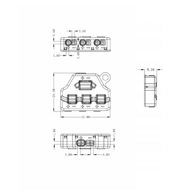 Conectores repartidores DC para ligação em paralelo, 3 saídas 0-42Vdc 1,5A/saida