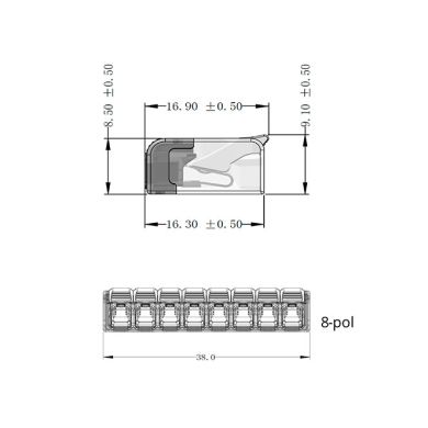 Ligador com patilha 8 polos 0,2-2,5mm2 450V 24A em policarbonato transparente (cx 25pcs)