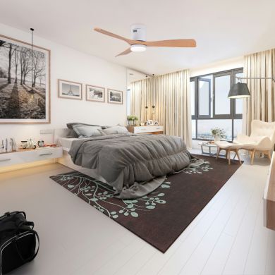 Ventoinha de tecto CÉFIRO ON branco/faia, 3 palas, 40W LED 3000|4000|6500K, Alt.18xD.130cm