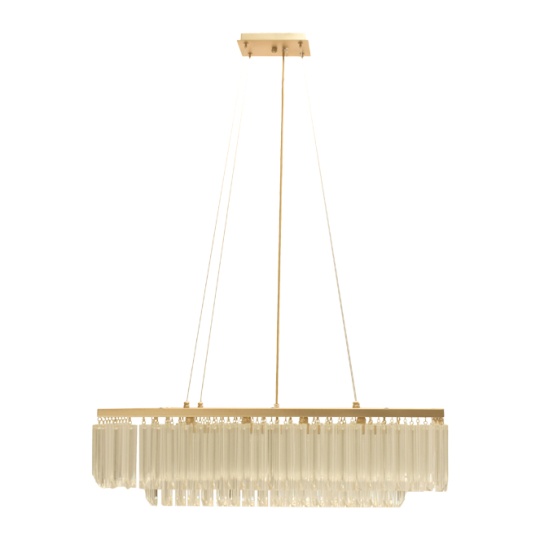 Candeeiro de tecto NARVIK 10xG9 C.80xL.30,5xAlt.Reg. com cristais transparentes e chapa dourada