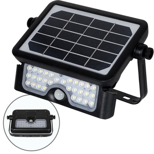 Aplique solar MURAT com sensor IP65 1x5W LED 500lm 6000K 90°C.23,19xL.14,94xAlt.3,36cm ABS+PC preto