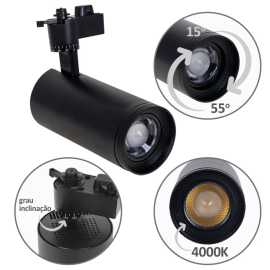 Foco para calha ARGOS (2 condutores) 1x30W LED 4000K C.17xxD.8cm preto