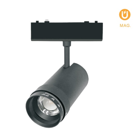 Foco para calha magnética PIQUET (2 condutores) 20W LED 1400lm 3000K 15°-55° Alt.18,5xD.5,5cm preto