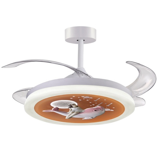 Ventoinha de tecto INFANTIL DELFIN branca,4 palas retráteis, 96W LED 3000|4000|6000K, Alt.35/45xD.91
