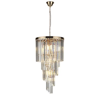 Candeeiro de tecto OLFUS 9xE14 Alt.180(máx.)xD.40cm com cristais transparentes e chapa dourada