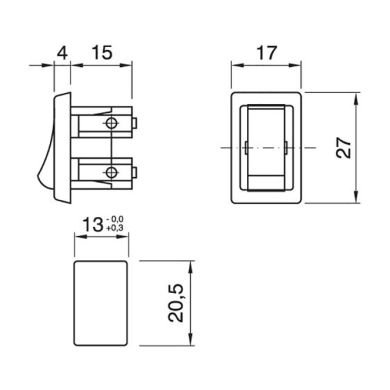 Black incorporated rocker switch, in thermoplastic resin