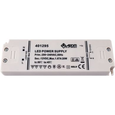 Transformador de tensão constante AC/DC 12V (driver) para LED 20W, em plástico