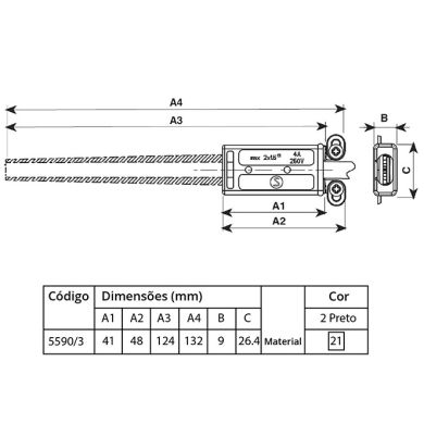 Caja de conexion 2x1,5mm2 4,8x2,64x0,9cm nylon blanco con tubo negro para luminarias Clase II
