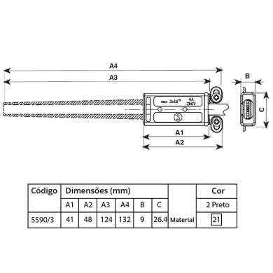 White nylon junction box 2x1.5mm2 4,8x2,64x0,9cm with black tube for Class II luminaires