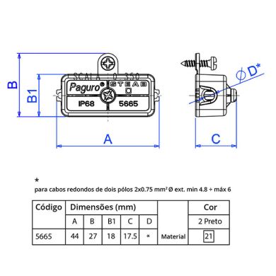 Caixa de ligação estanque IP68 2 vias para cabo de borracha com D.externo=4,8..6mm, em Nylon preto