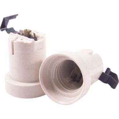 E27 white lampholder in baquelite, mounted with metal bracket and contact for earth screw terminal