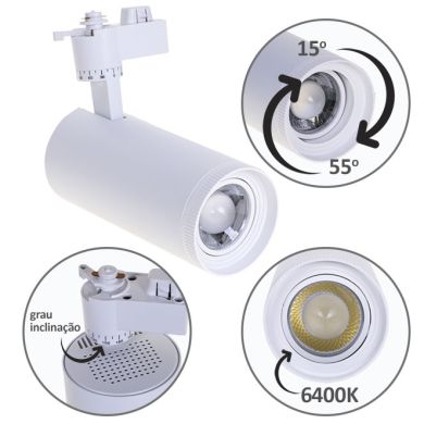 Foco para calha ARGOS (2 condutores) 1x30W LED 6400K C.17xxD.8cm Branco