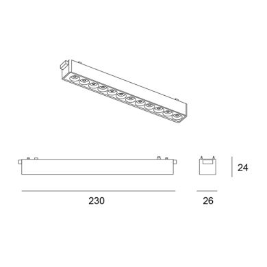 Barra para Carriles magnéticos PIQUET (2 hilos) 12W LED 940lm 3000K 24° L.23xAn.2,6xAl.2,4cm negro