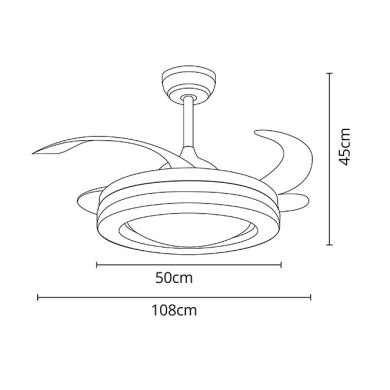 Ventilador DC JUPITER plata, 4 aspas retráctiles, 72W LED 3000|4000|6000K, Al.45xD.108/50cm