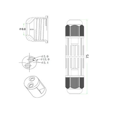 Ligador estanque preto e cinzento 3polos 1,0-2,5mm2 450V/24A IP68 110°C 8xD.2,7cm (cx100)