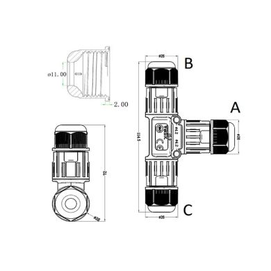 T-shaped black waterproof connector, 3x1.0-2.5mm2 450V/24A IP68 110°C