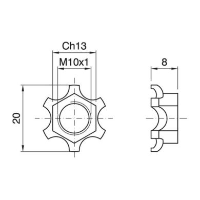 Porca anti-rotação 13mm e rosca M10, em resina termoplástica