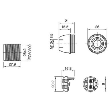Portalámparas E27 de 3piezas: camisa roscada, c/racor metalico M10 roscado y tornillo antirrotación