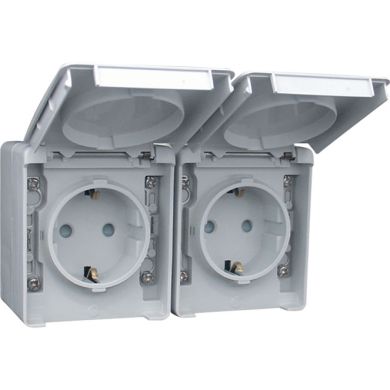 Tomada dupla schuko horizontal ESTANQUE48 com obturador 16A 250Vac IP65 IK07 cinzento