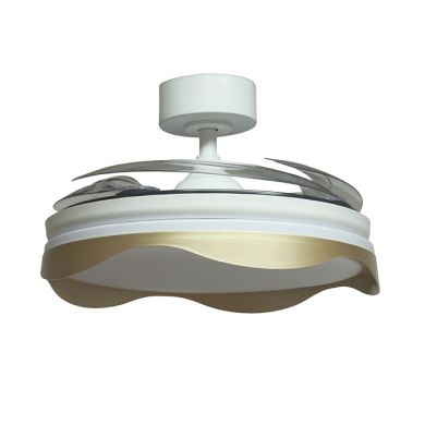 Ventoinha de tecto OLAS branca/ouro, 4 palas retráteis, 72W LED 3000|4000|6000K, Alt.35xD.108/50cm