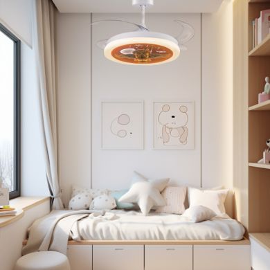 Ventilador DC NEW INFANTIL ANGEL blanco,4 aspas retráctiles, 96W LED 3000|4000|6000K, Al.35/45xD.91/