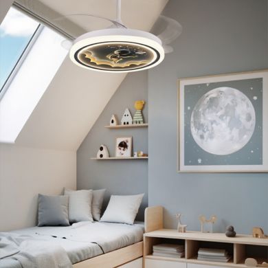 Ventilador DC NEW INFANTIL HOUSTON blanco, 4 aspas retráctiles, 96W LED 3000|4000|6000K, Al.35/45xD.