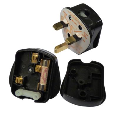 Rewirable english plug (UK) type G black with 3A fuse 2P+T, 250Vac, in thermoplastic resin