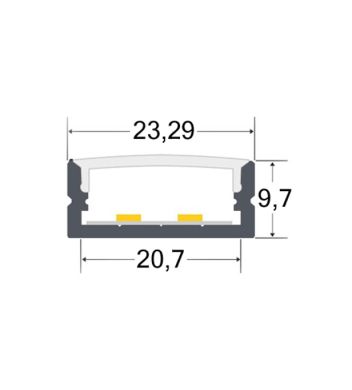 Perfil sin alas para tira LED con difusor opalino An.20.7x Al.9,7mm