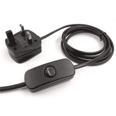 Extensão eléctrica 1,5m (100*50) fio 2x0,75mm² preto, ficha Inglesa (UK) e interruptor de mão pret