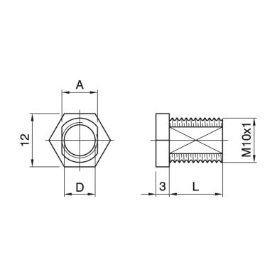 Tubo passa-cabos c/cabeça hexagonal e rosca M10x1 de 12mm antirrotação, resina termoplástica branca