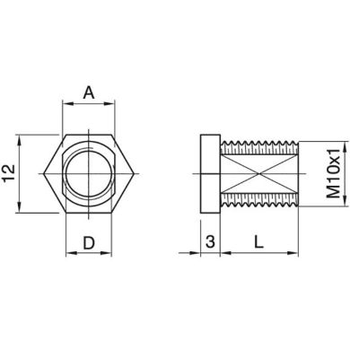 Hex-head nipple with 8mm long thread M10x1 and anti-rotation milling, in white thermoplastic resin