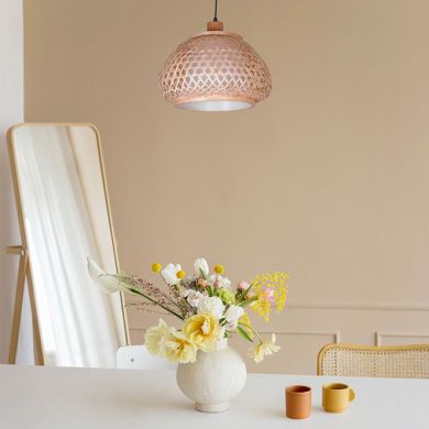 Pendant light JAVA D.35cm 1xE27 in wood and straw