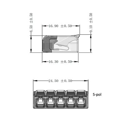 Ligador com patilha 5 polos 0,2-2,5mm2 450V 24A em policarbonato transparente (cx 50pcs)