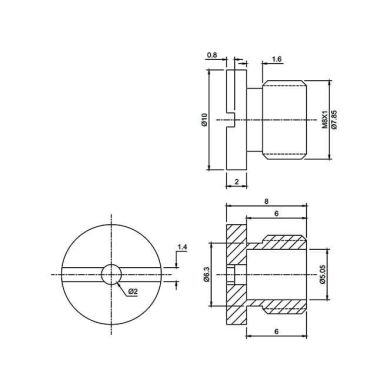 Pasacable 10x8mm en latón niquelado, M8x1, furo 2mm (para cabo)